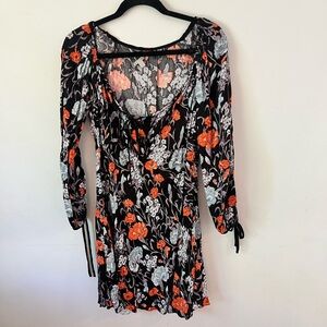 Ecote Peasant Mini Dress Black Floral Flowers Boho Tied Balloon Long Sleeve 6
